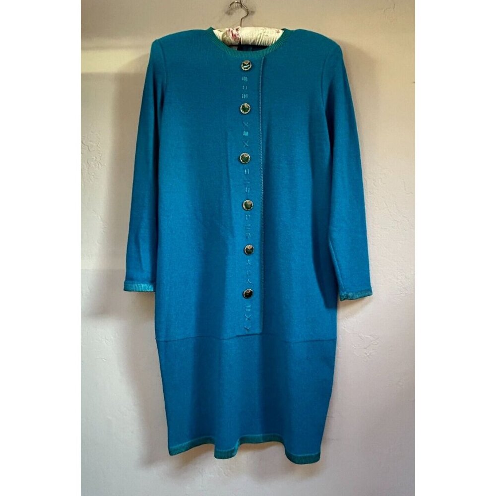 Vintage Steve Fabrikant Womens Medium Wool Blend Knit Sweater Dress Turquoise